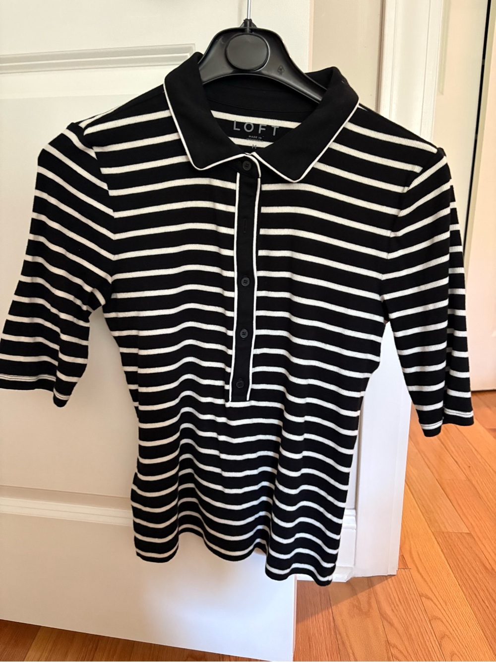 LOFT Black & White Striped Button-Down Polo Top